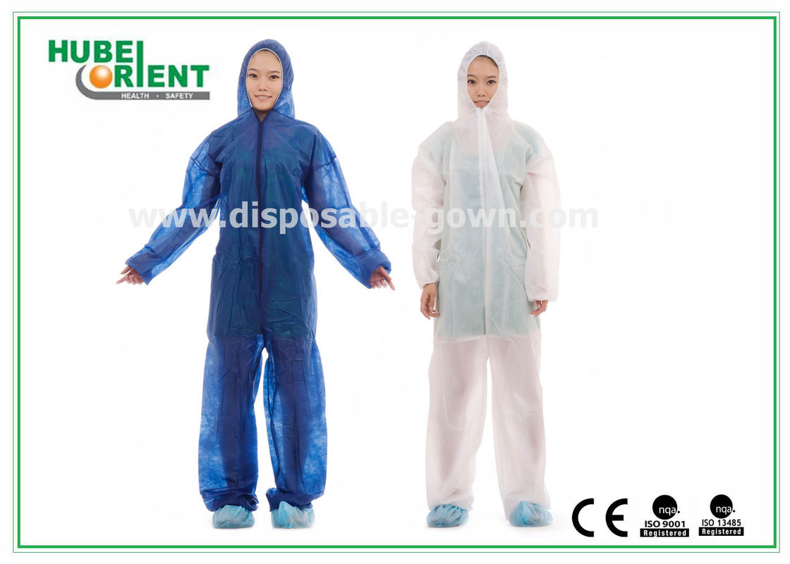 Nonwoven White Disposable Overalls PP / SMS / PP + PE Protective Coverall With Hood